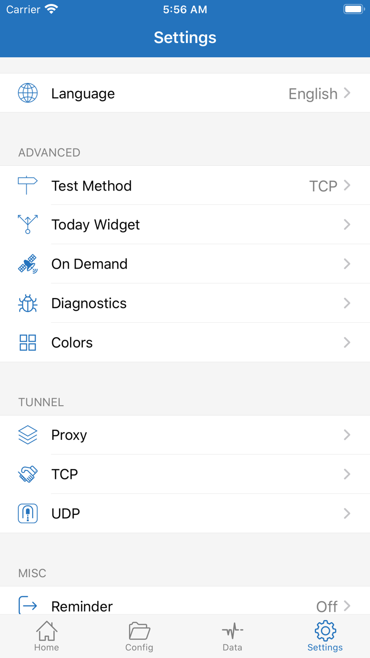 ShadowrocketのSettings画面。Language、Test Method、Today Widget、On Demand、Diagnostics、Proxy、TCP、UDPの設定を表示