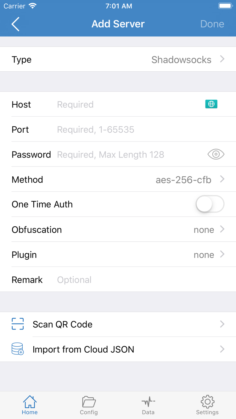 ShadowrocketのAdd Server画面。Type、Host、Port、Password、MethodとQRコード読み込みの項目を表示
